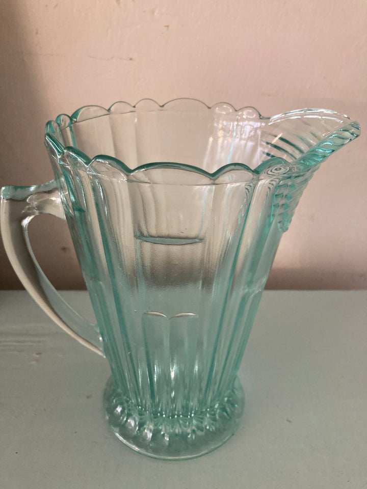 Vintage 1930s green pressed glass jug from Source for the Goose Devon, classic fluted shape, perfect for table settings.