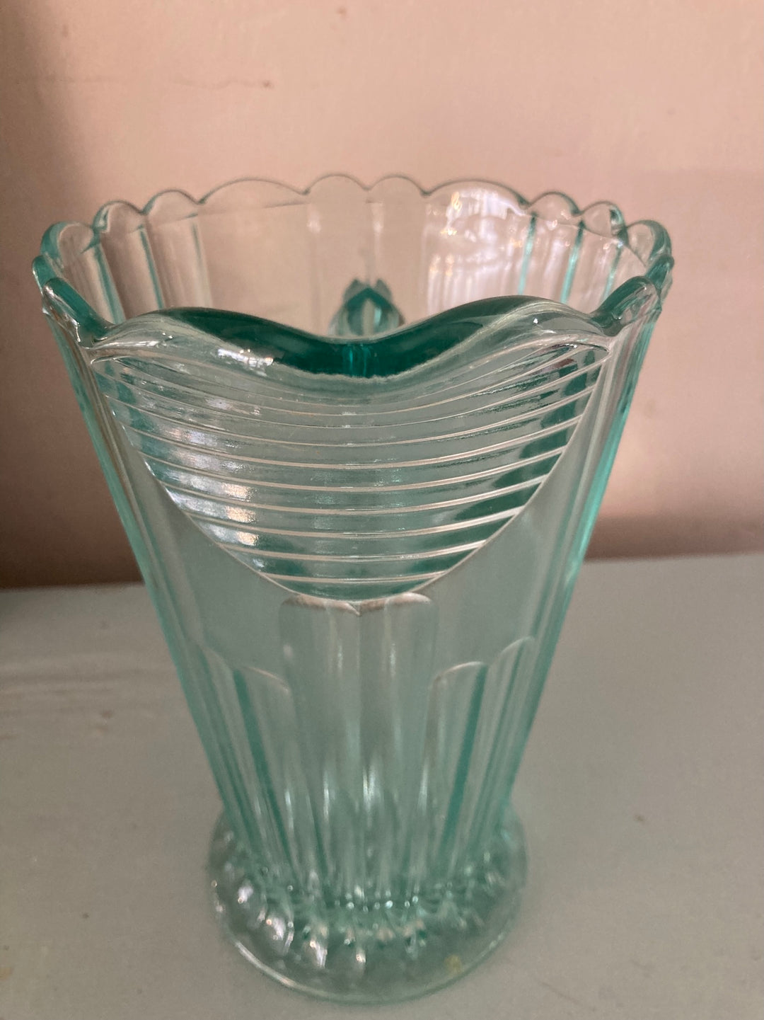 Vintage 1930s green pressed glass jug with fluted shape from Source for the Goose, Devon.