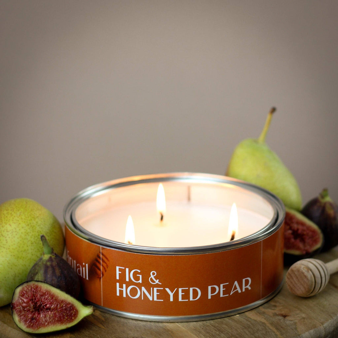 Fig and Honeyed Pear Triple Wick Candle by Pintail with fresh figs and pears, available at Source for the Goose, Devon