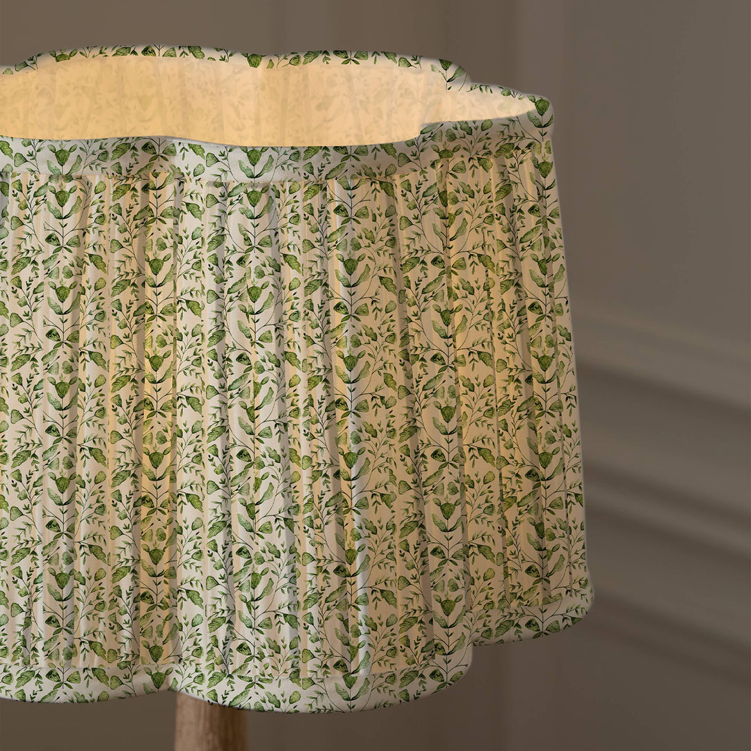 Juna pleated scalloped lamp shade in sage with floral block print design by Source for the Goose, Devon.