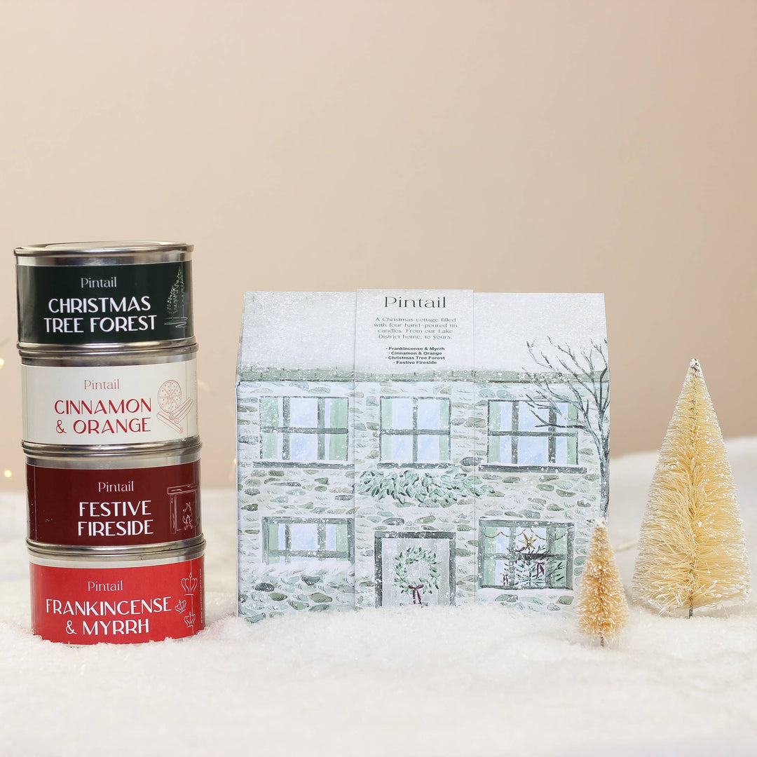 Pintail Candles Holiday Cottage Gift Set with festive scents, Christmas Tree Forest, Cinnamon & Orange, Festive Fireside, Frankincense & Myrrh