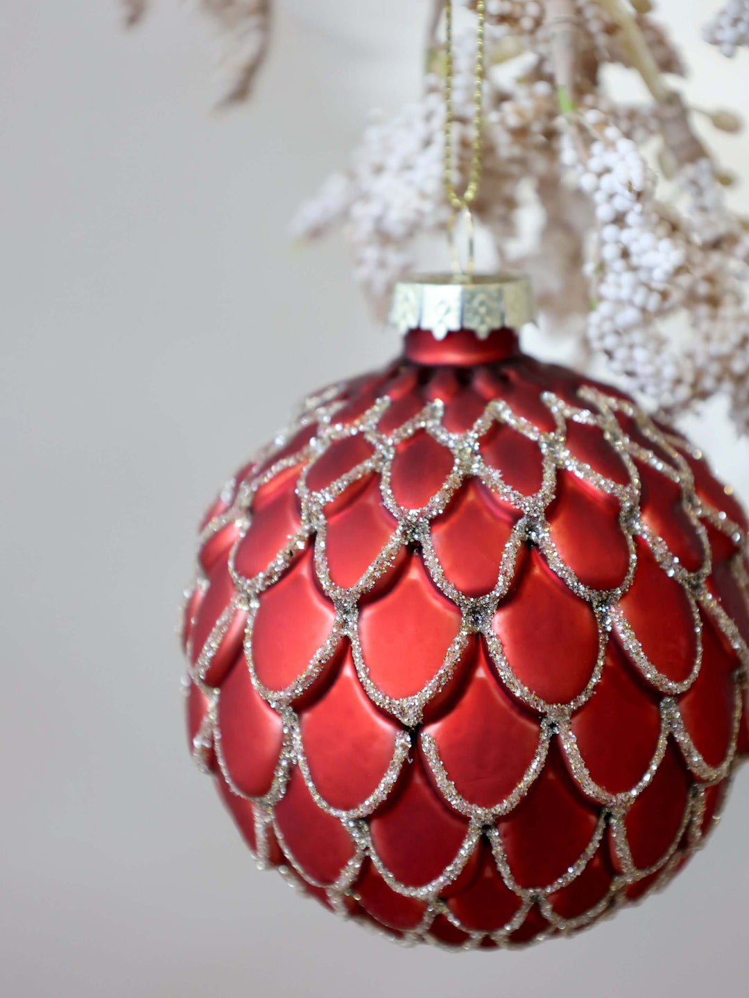 Antique Cherry Red Glass Bauble with gold glitter