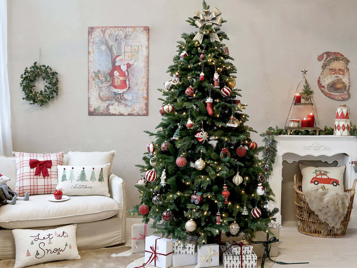 Christmas tree decorated in a mix of vintage style hanging decorations