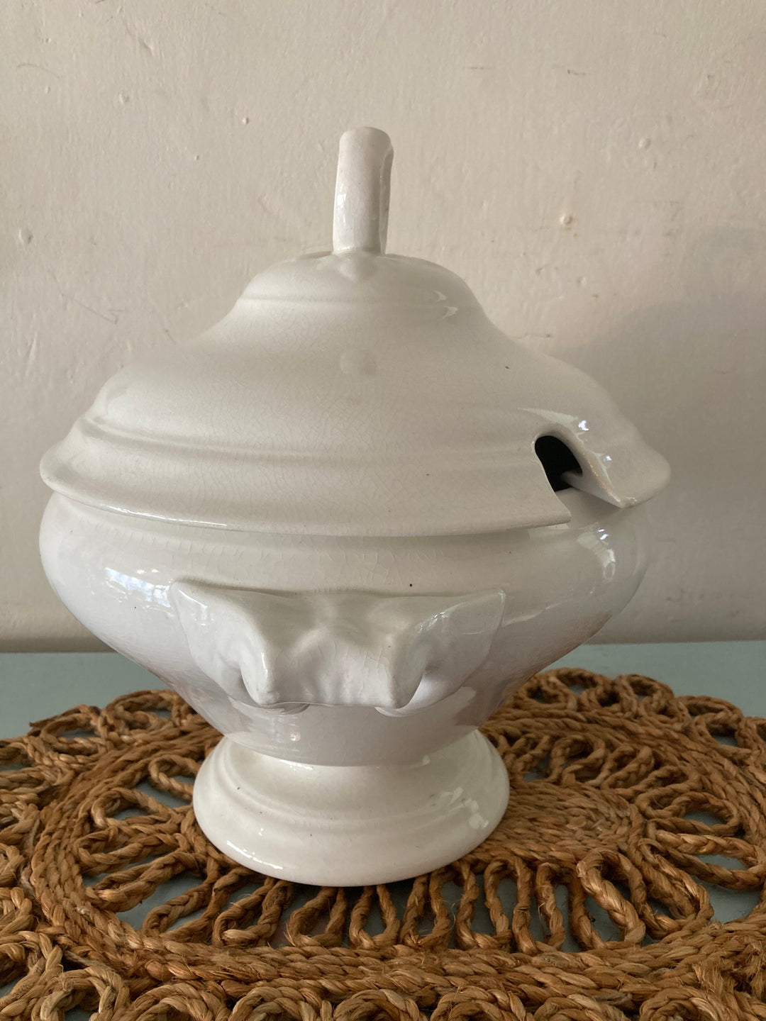 Large antique white tureen with intricate detailing, perfect for farmhouse dining decor from Source for the Goose Devon.