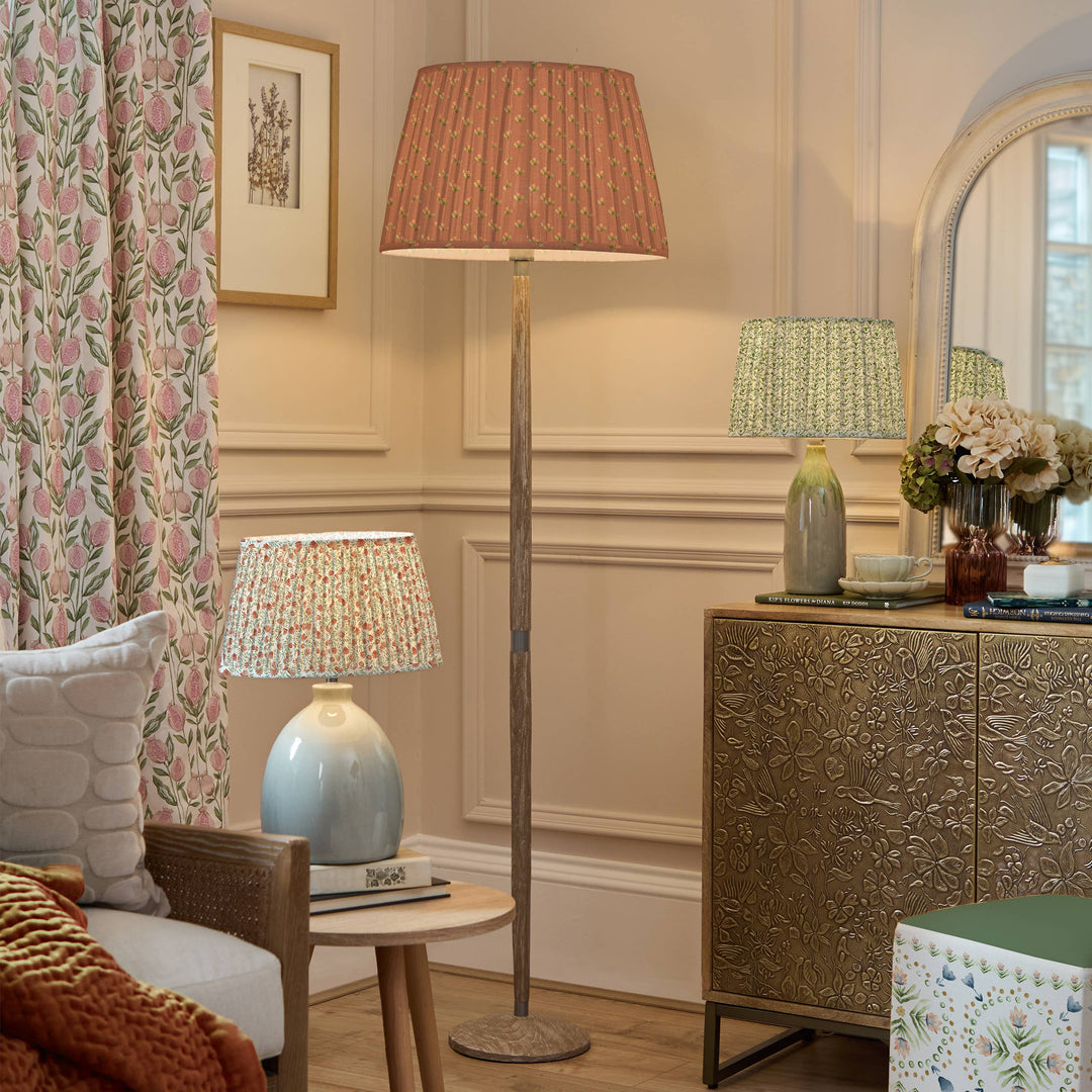 Elegant living room featuring Juna pleated lamp shades and stylish decor from Source for the Goose, Devon.