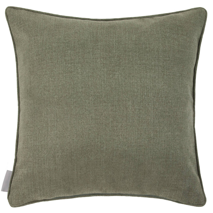 Soft green linen cushion with piped edges, perfect for adding comfort to any room, from Source for the Goose, Devon.