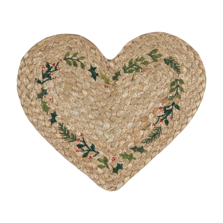 Heart-shaped natural jute Christmas coaster with green and red holly design, perfect for rustic decor from Source for the Goose, Devon.