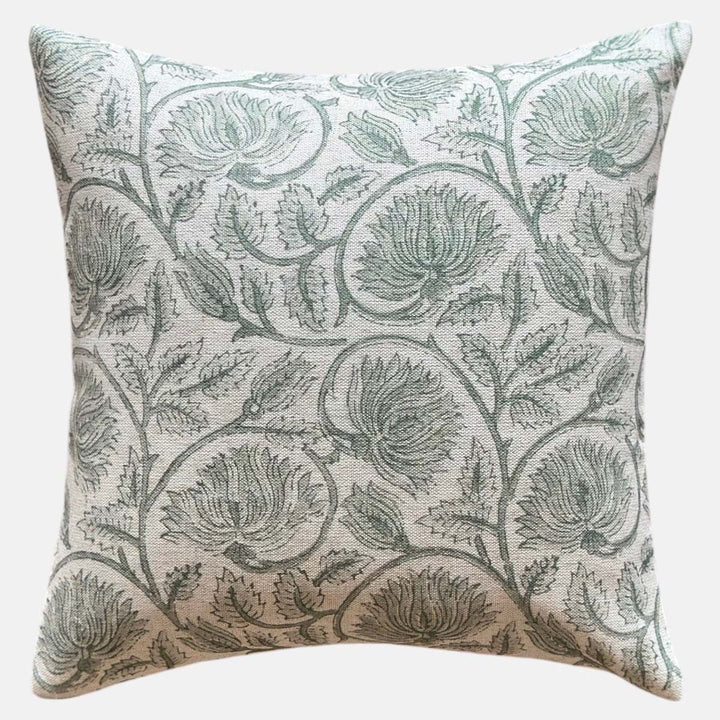 Moss Green Acrimi Cushion with floral pattern on linen background, perfect for adding charm to any space. Source for the Goose Devon.