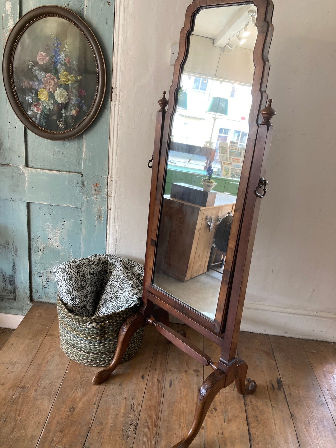 Antique Edwardian Cheval Mirror in mahogany veneer, elegant swing mirror, showcased in a stylish vintage interior.