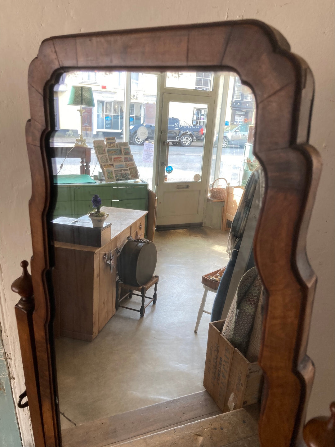 Antique Edwardian Cheval Mirror showcasing elegant design in a charming Devon shop interior.