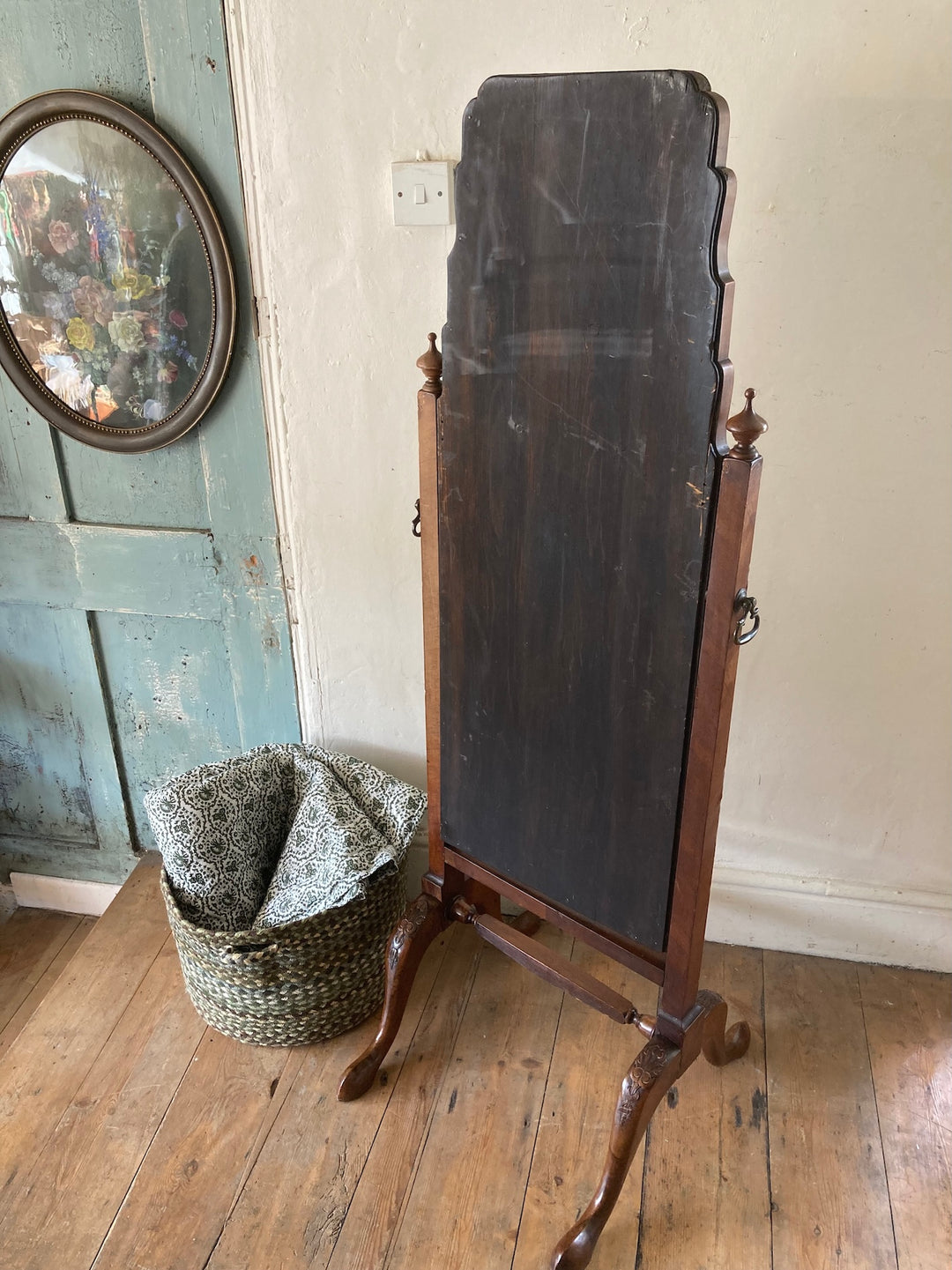 Antique Edwardian Cheval Mirror with mahogany veneer and elegant design, perfect for a sophisticated bedroom. Source for the Goose, Devon.