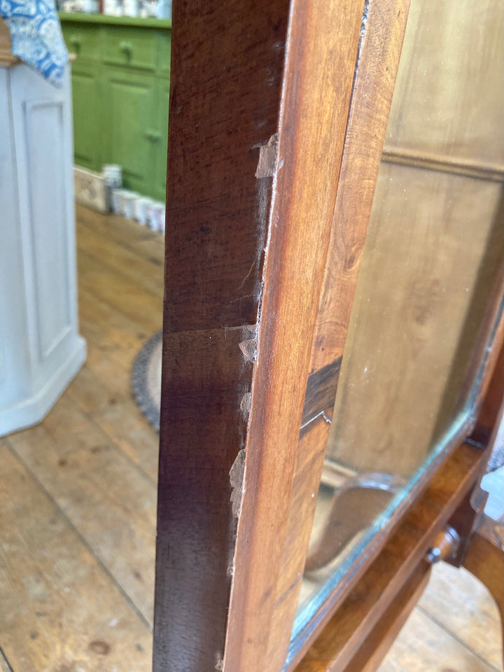 Close-up of the edge of an Antique Edwardian Cheval Mirror showcasing its mahogany veneer craftsmanship.