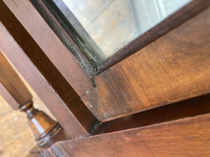 Close-up detail of the Antique Edwardian Cheval Mirror showcasing mahogany veneer craftsmanship.