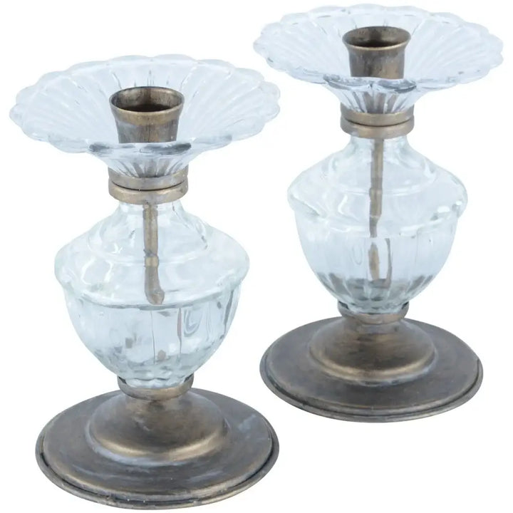 Antique glass and gold candle holders with a vintage design, featuring a faux old gold finish and adding a touch of elegance to home decor.