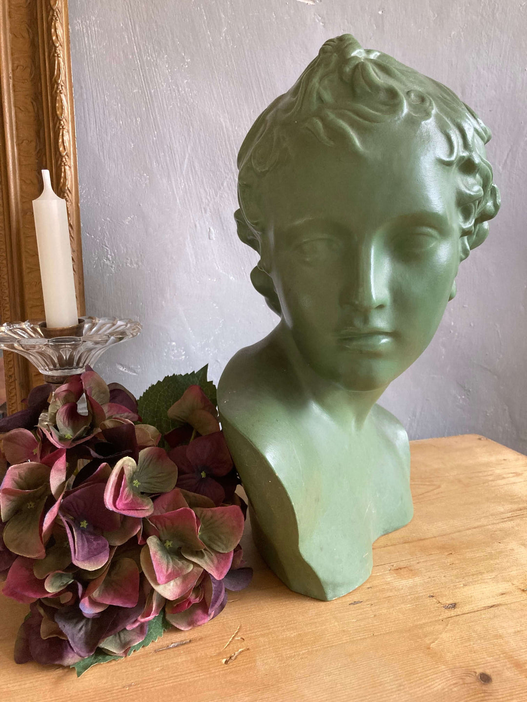 Art Deco Green Ceramic Lady's Head, vintage Terre Cuite D'Art sculpture from Source for the Goose, Devon.