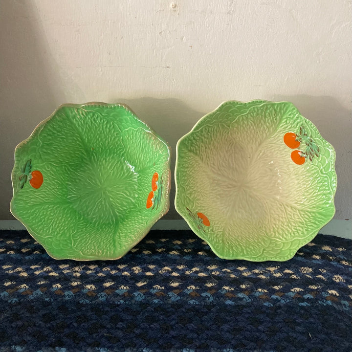 Vintage Beswickware lettuce leaf bowls in green and cream with tomato design, Source for the Goose, Devon.