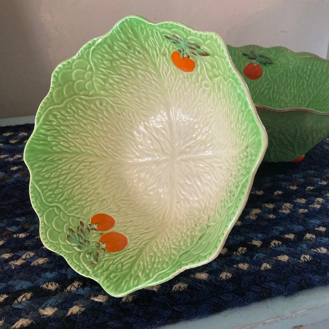 Vintage Beswickware lettuce leaf bowl with tomato design, perfect for decor or garden picnics, sourced from Source for the Goose, Devon.