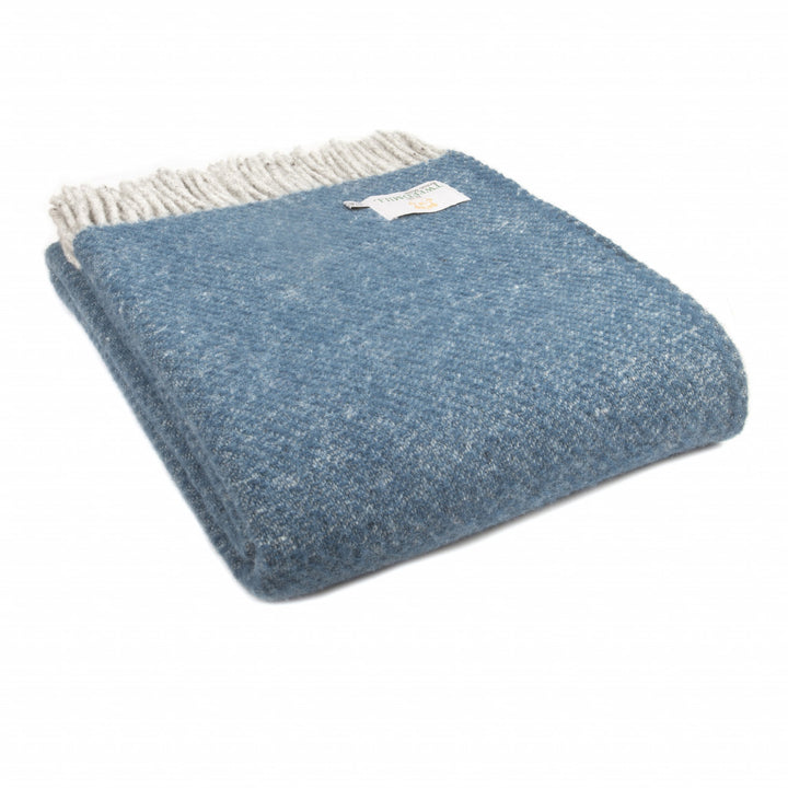 Tweedmill Lifestyle Boa Pure New Wool Blanket in Inky Blue with Grey Tassels, available at Source for the Goose Devon.