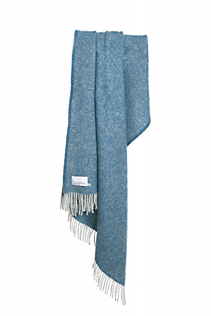 Tweedmill Lifestyle Boa Pure New Wool Blanket in Inky Blue with grey tassels, available at Source for the Goose Devon.