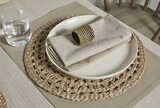 Set of Four Stone and Natural Boston Stripe Napkins on White Plate and Wicker Placemat - Source for the Goose, Devon