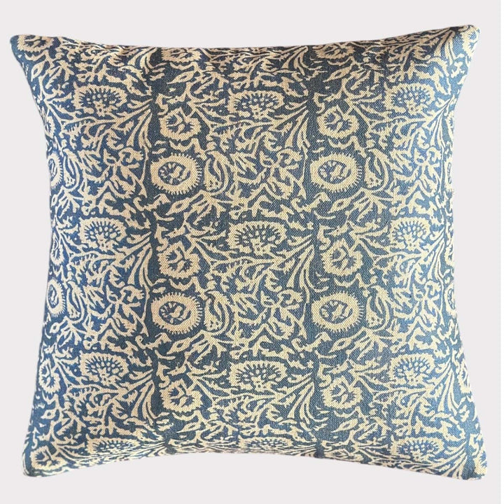 Indigo Blue Chising Cushion by Source for the Goose, showcasing intricate block print pattern in stylish blue and cream design.