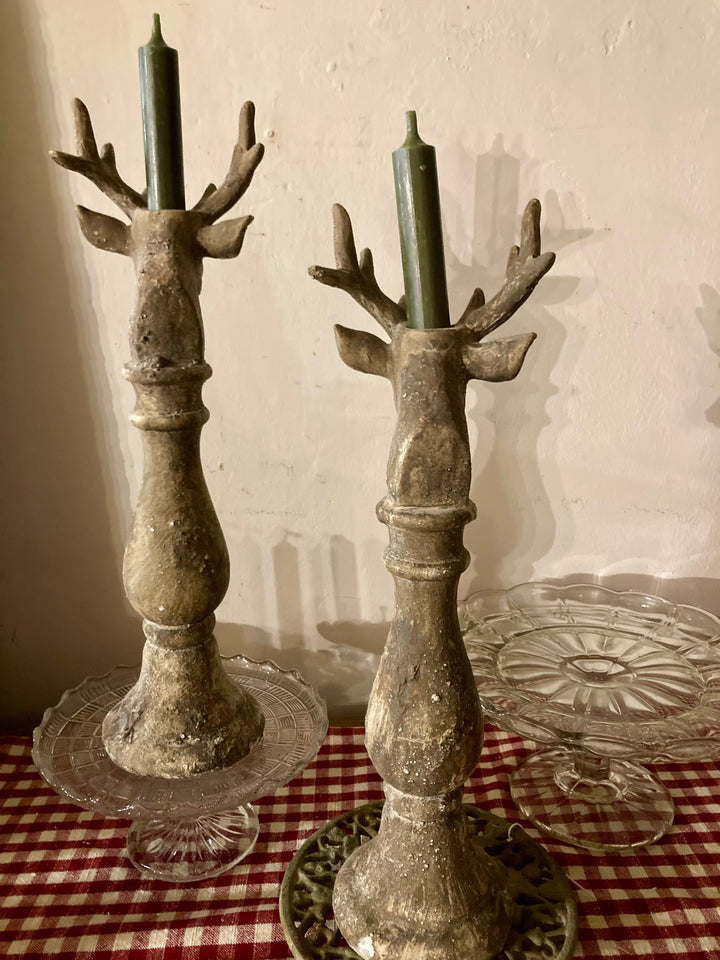 Vintage style deer candleholders in distressed stone finish, perfect for rustic decor by Source for the Goose, Devon.