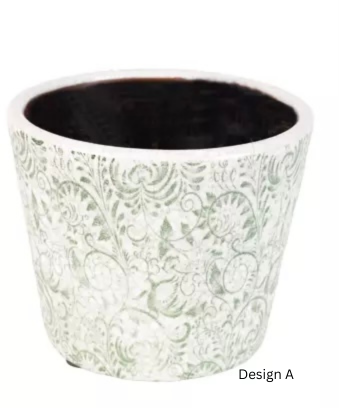 Green Dutch style vintage flowerpot with intricate floral design, handcrafted terracotta from Source for the Goose, Devon.