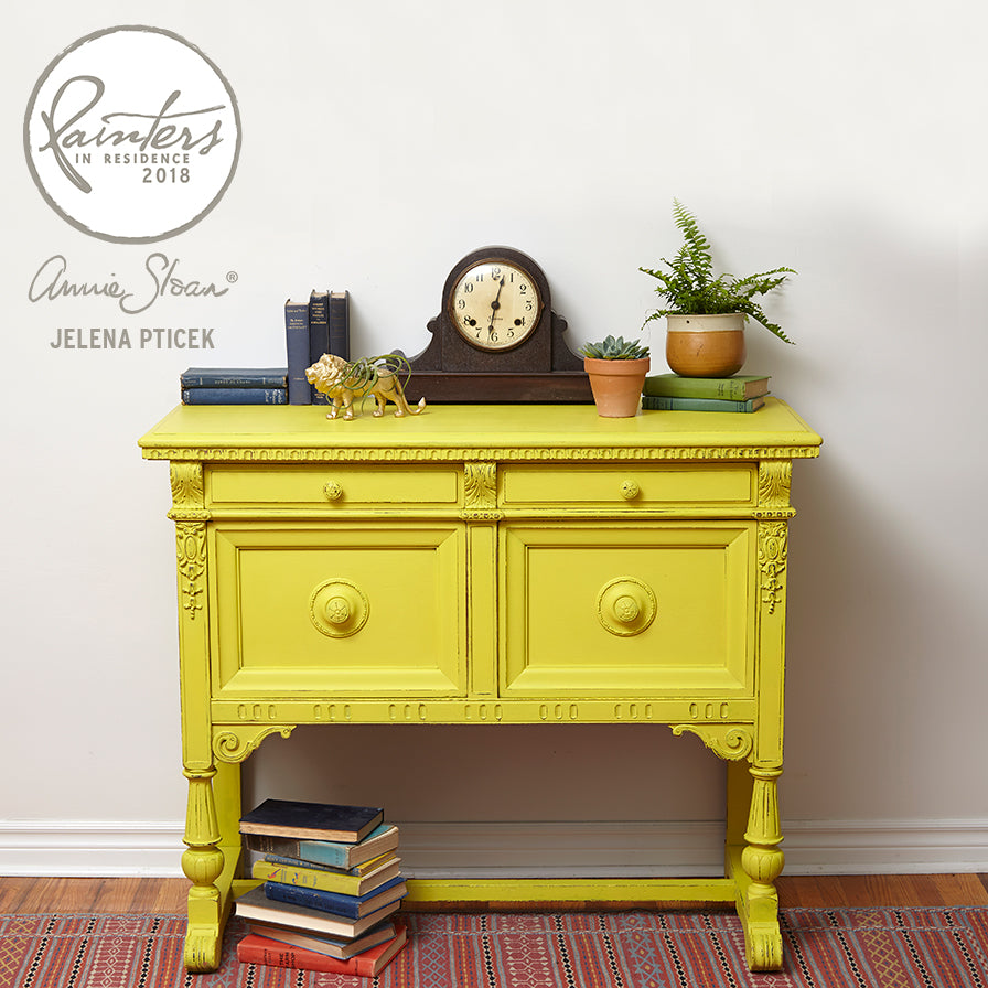 Vintage cabinet painted in 500ml English Yellow Chalk Paint by Annie Sloan, styled with decor for a retro look from Source for the Goose Devon.