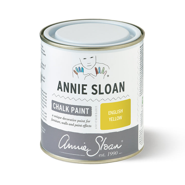 Annie Sloan 500ml English Yellow Chalk Paint can, perfect for retro or modern decor. Available at Source for the Goose, Devon.