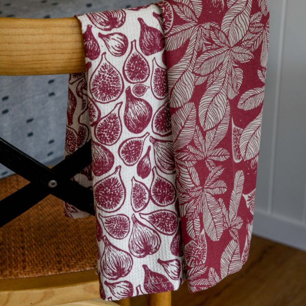 Dark Ruby Tea Towel Set with Fig Design for sale at Source for the Goose, Devon