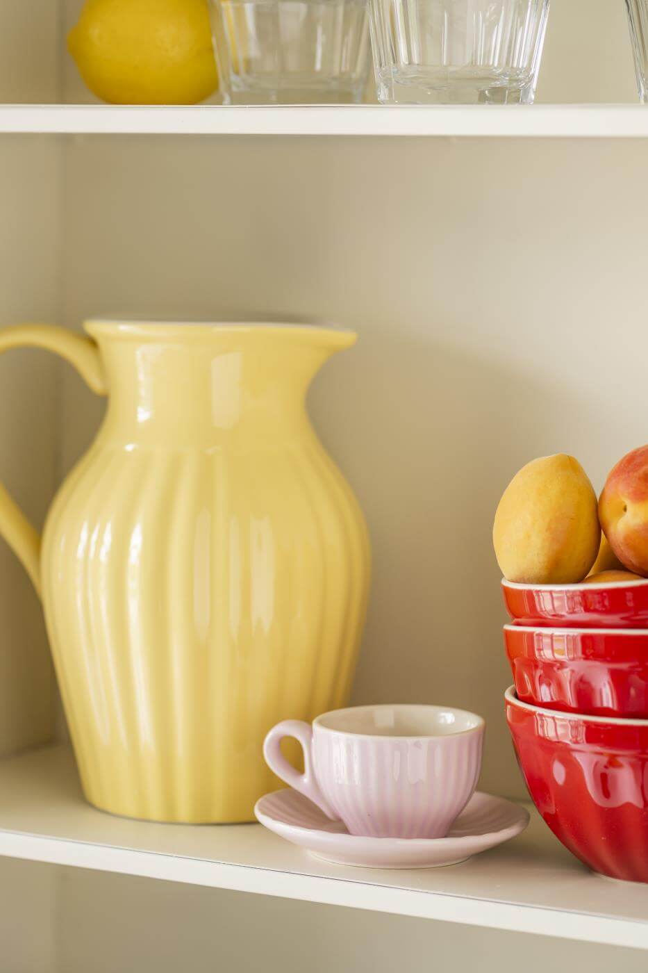 selection of French Style Red Cereal Bowl displayed with a matching yellow jug and pink cup and saucer