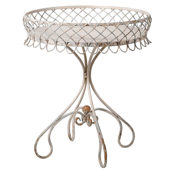 French Style Metal Side Table in off white with decorative filigree high sides and distressed finish, perfect for home decor.