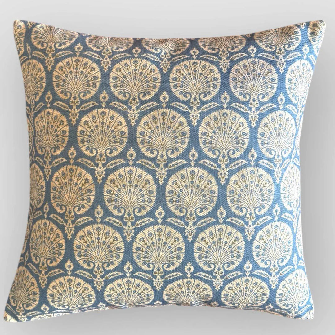 French Blue Pepper Cushion by Source for the Goose, featuring traditional block print design on linen background.