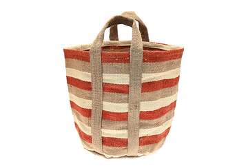 Ginger Spice Stripe Jute Storage Basket with Carry Handles from Source for the Goose Devon, featuring orange, taupe, and natural stripes.