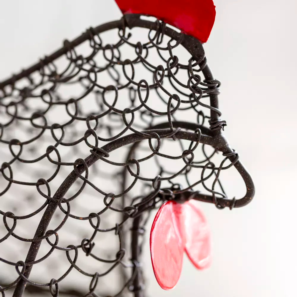 Close-up of Henrietta Wire Egg Basket with red accents, perfect for adding a touch of farmhouse chic to your kitchen. Source for the Goose, Devon.