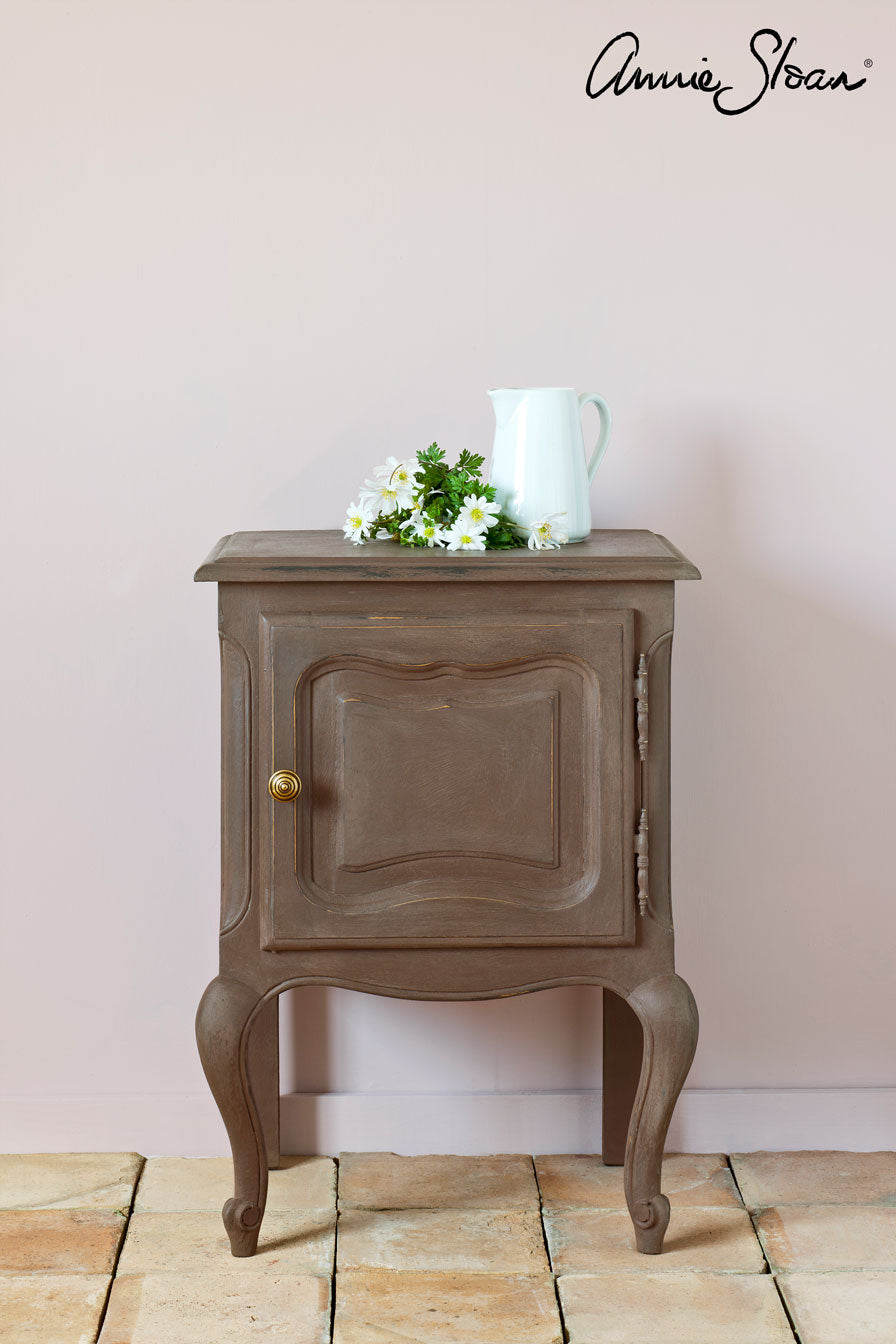 Brown cabinet painted with Honfleur Chalk Paint by Source for the Goose, Devon, featuring rustic design and neutral decor accents.