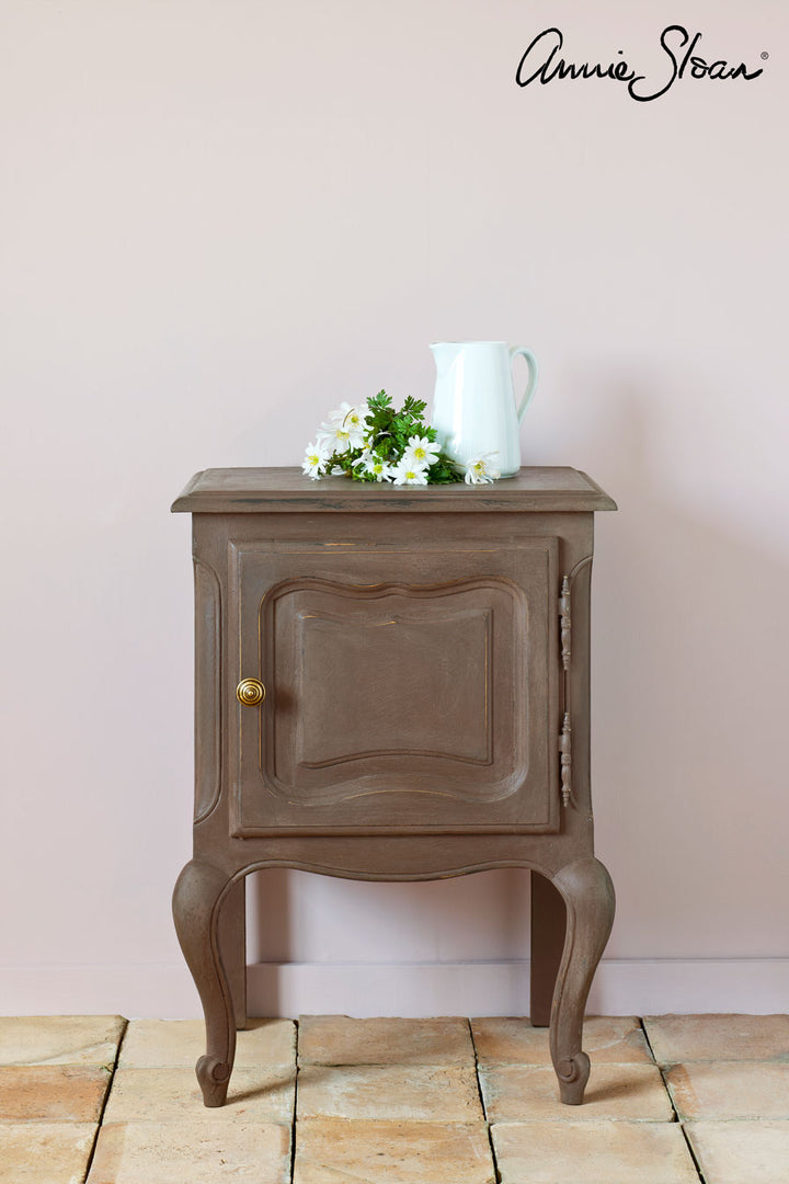 Brown cabinet painted with Honfleur Chalk Paint by Source for the Goose, Devon, featuring rustic design and neutral decor accents.