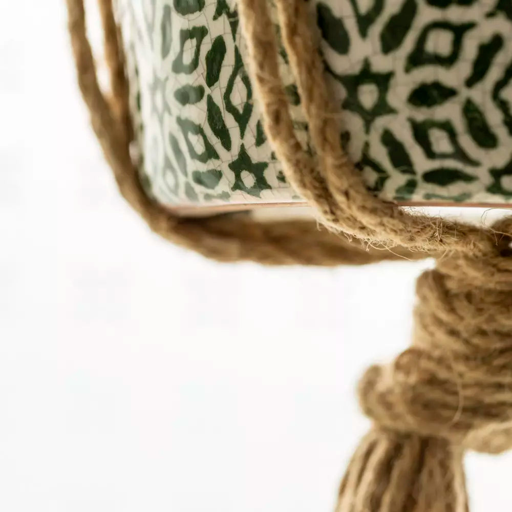 Jute plant hanger showcasing a green patterned pot, perfect for home decor and plant display from Source for the Goose, Devon.