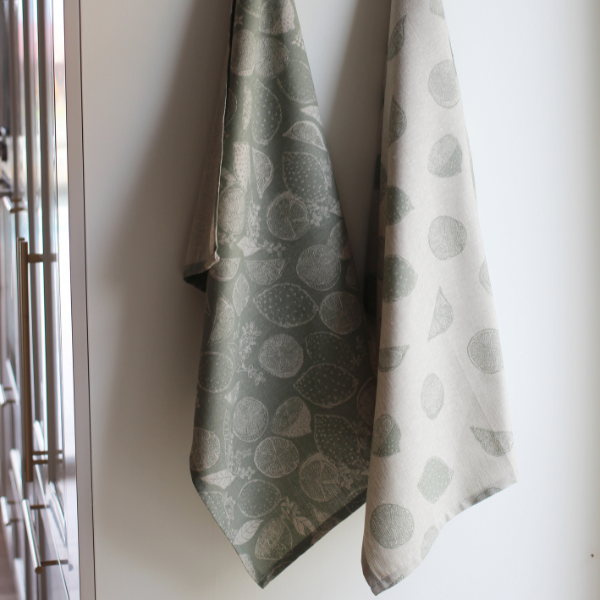 Sage Green Tea Towel Set with Lemon Design for sale at Source for the Goose, Devon