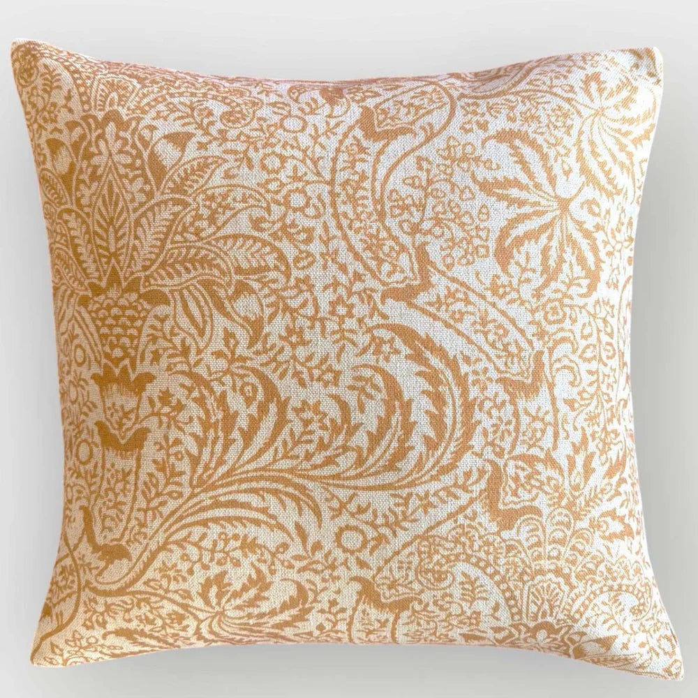 Warm Ochre Melville Cushion by Source for the Goose, featuring a vintage paisley pattern in ochre yellow.