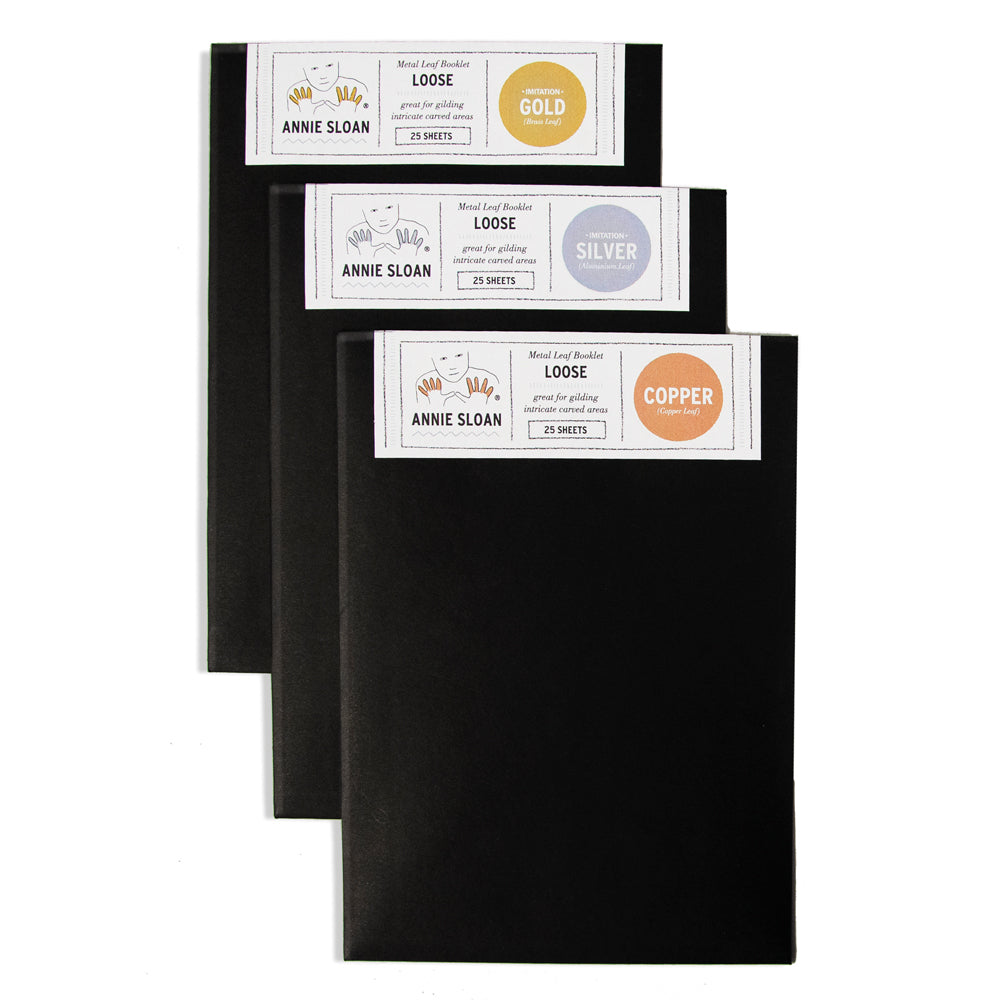 "Annie Sloan loose leaf sheets in gold, silver, and copper packaging for gilding projects, available at Source for the Goose Devon"