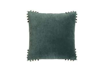 Moss Green Velvet Cushion edged with pom poms at Source for the Goose, Devon