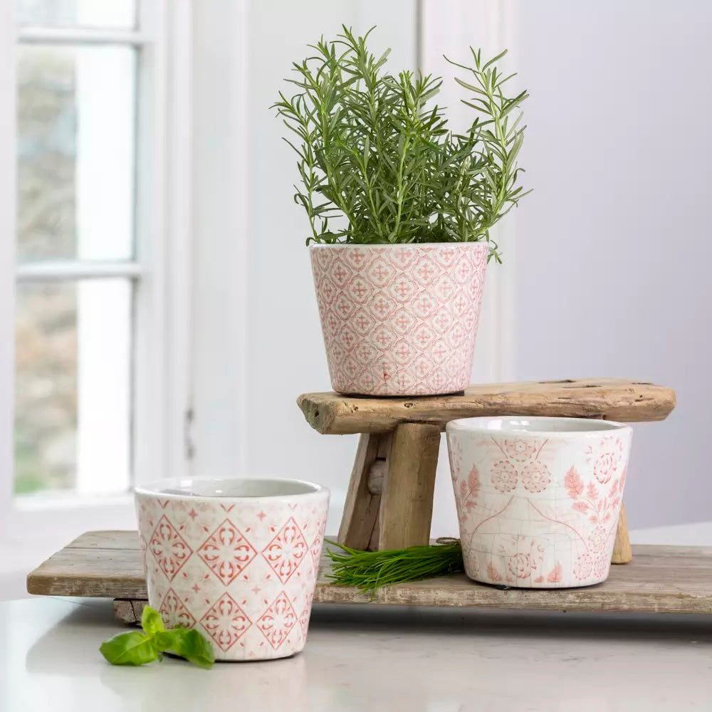 Handcrafted Rose Pink Dutch Style vintage flowerpots on a wooden shelf, showcasing a charming vintage design with herbs.