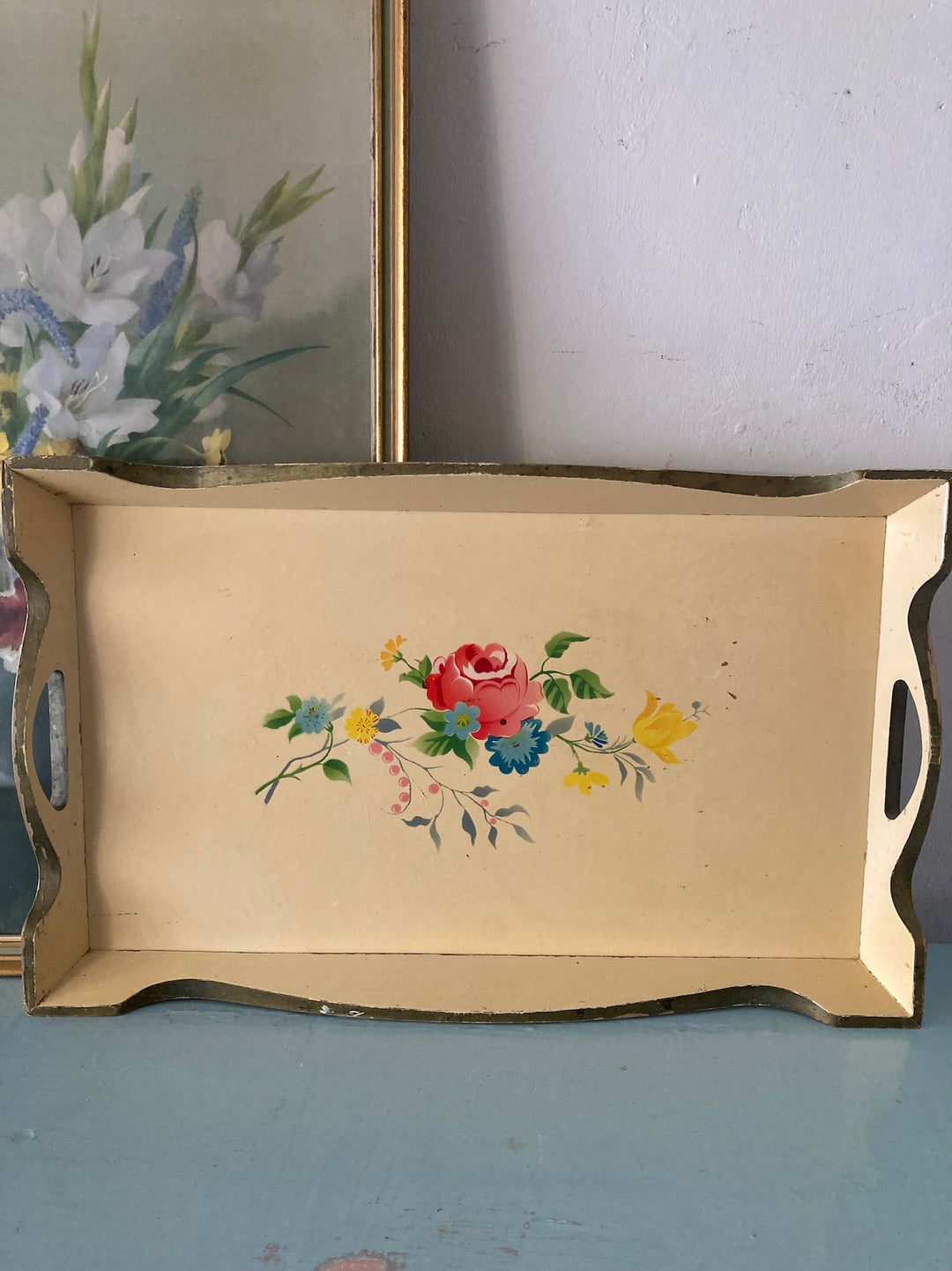 Pretty Painted 1930s Vintage Tray with pink rose and colorful flowers on creamy background, from Source for the Goose, Devon.