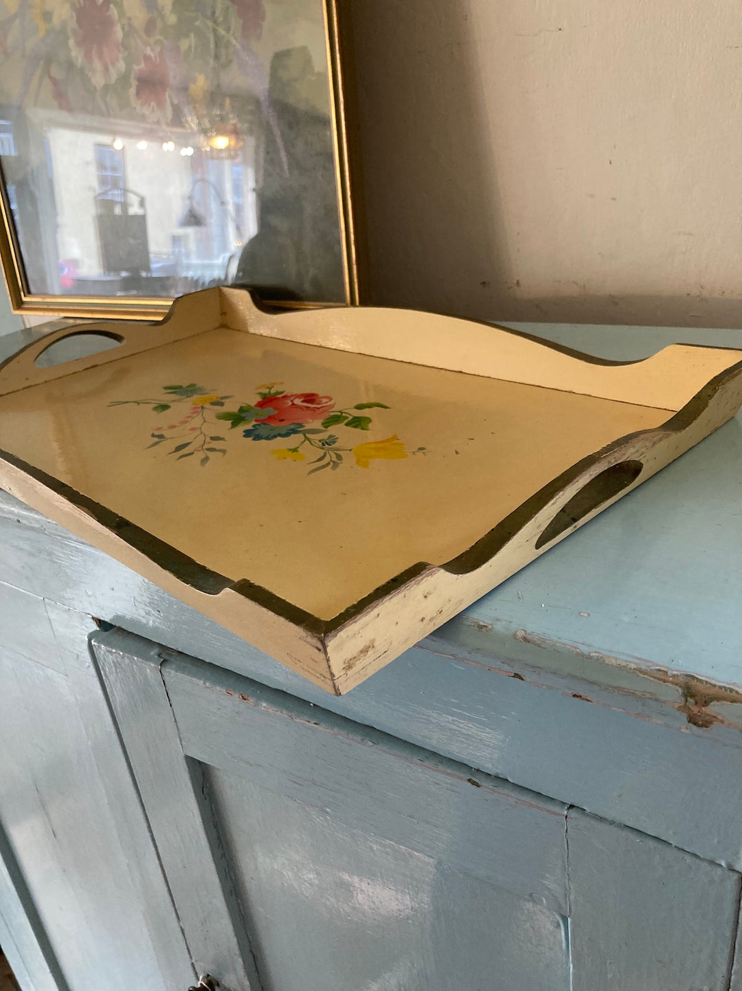 Pretty Painted 1930s Vintage Tray with floral design on a cream background, ideal for home decor from Source for the Goose, Devon.