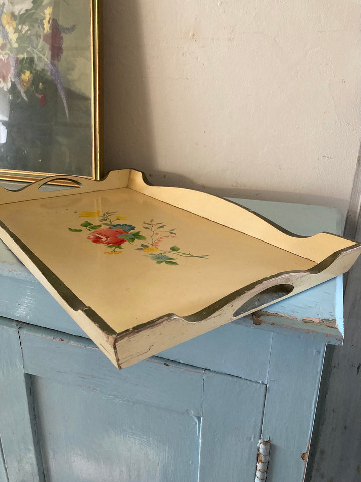 Pretty painted 1930s vintage tray with floral design on a creamy ochre background, perfect for home decor by Source for the Goose.