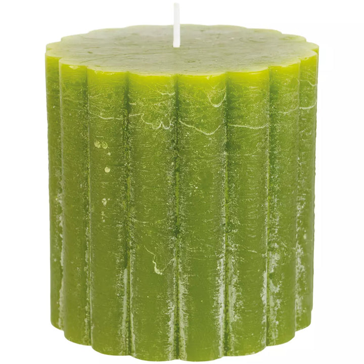 Rustic fern green scalloped pillar candle, textured design, elegant home decor from Source for the Goose, Devon.