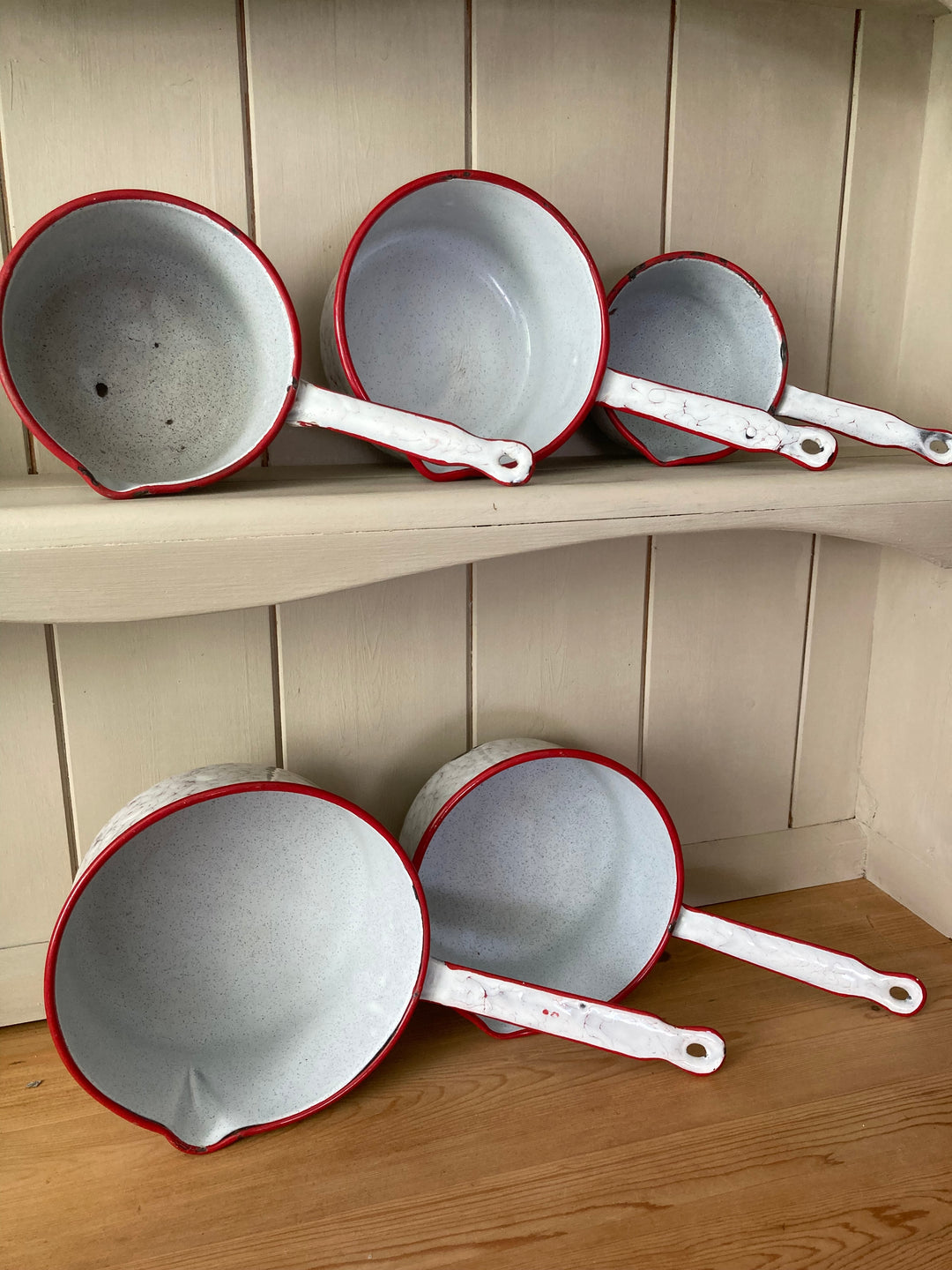 Vintage French Set of Red and White Marbled Enamel Saucepans