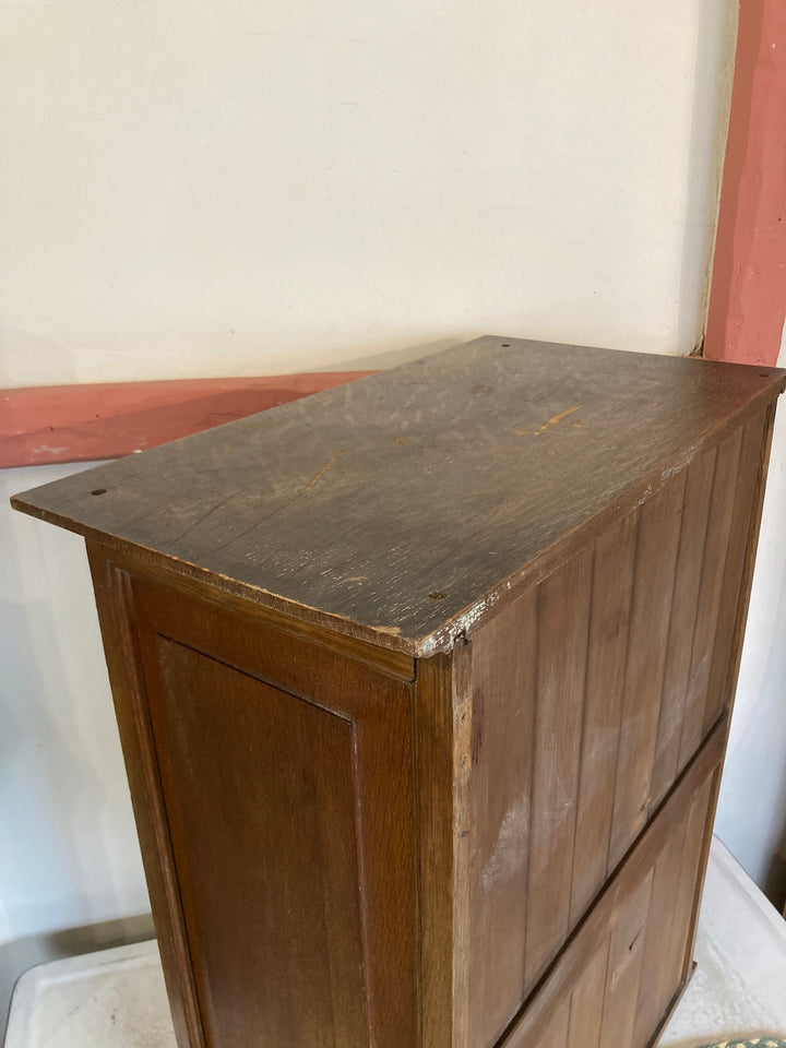 Top view of Small Vintage Glass Cabinet from Source for the Goose, showcasing its vintage charm and oak finish.