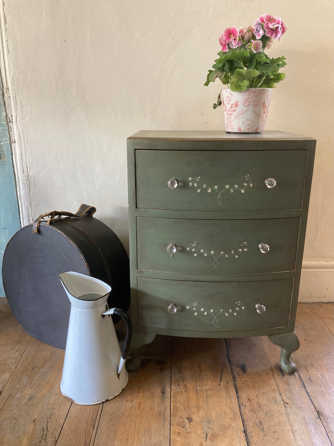 Small chest of drawers hand-painted with flowers, green finish, vintage style, by Source for the Goose, Devon.